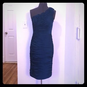 Fitted A line navy one shoulder gathered dress